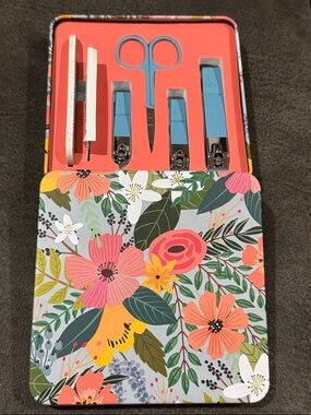 Floral Manicure Set with Coral & Light Blue Tools